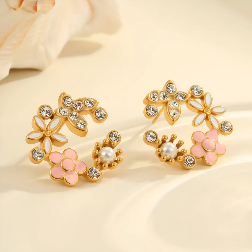 Gold plated flower stud earrings with colourful petal design on stainless steel