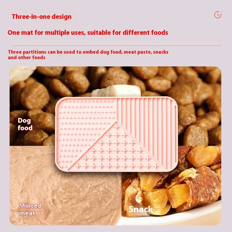 Silicone pet licking mat in khaki with suction cups on a tile floor for slow feeding