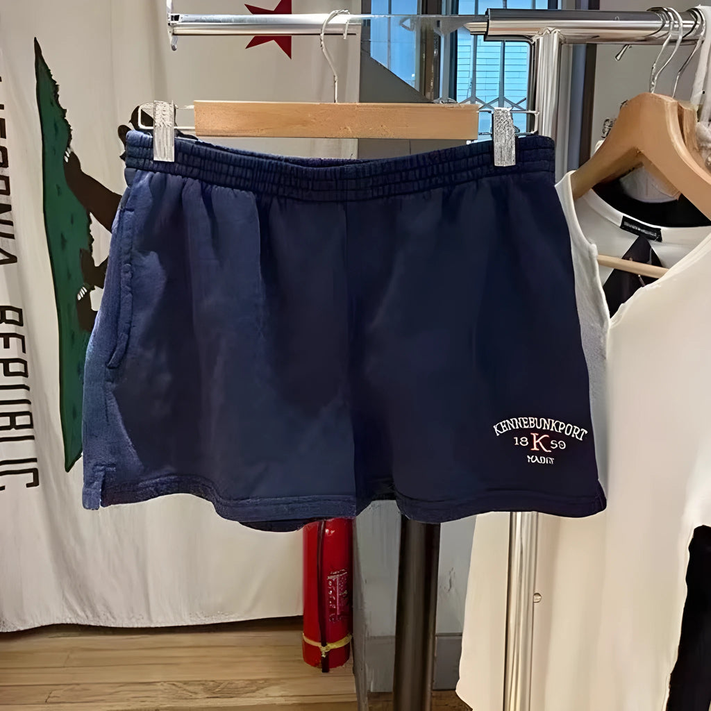 Women's dark blue cotton sports hot shorts with white flag embroidery