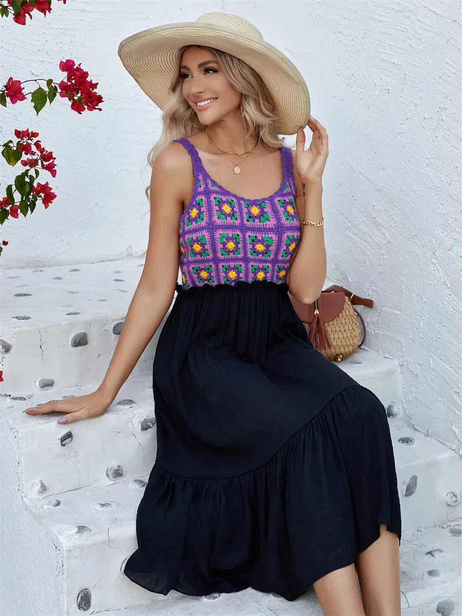 Purple sleeveless dress with hand hook flower stitching, cotton blend fabric with polyester lining
