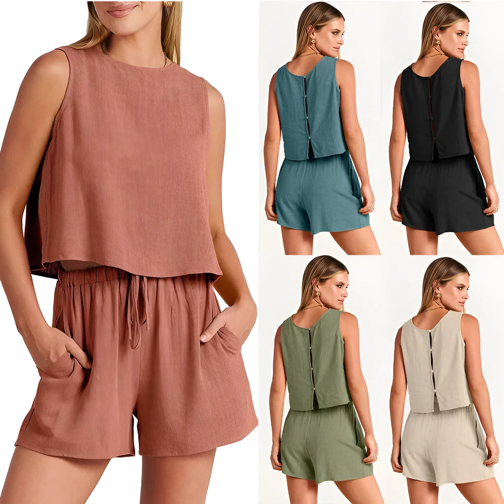 Women's rayon linen summer set with sleeveless top and drawstring shorts in various colours