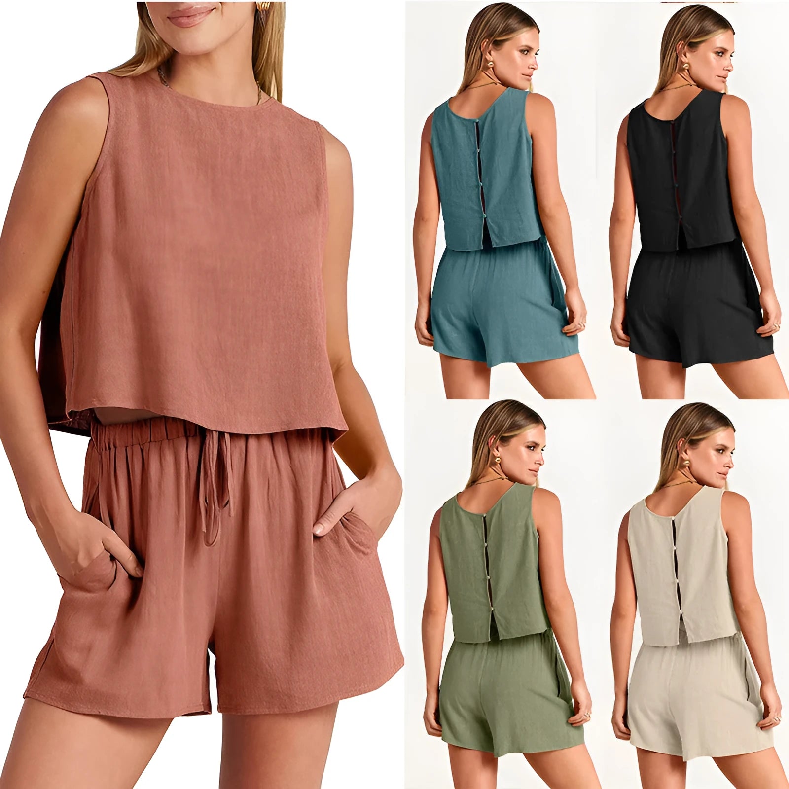 Women's rayon linen summer set with sleeveless top and drawstring shorts in various colours