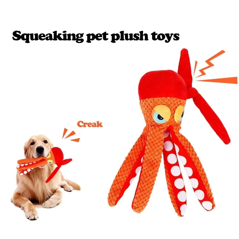 Orange octopus plush dog toy with squeaker for teeth cleaning, 20 cm length
