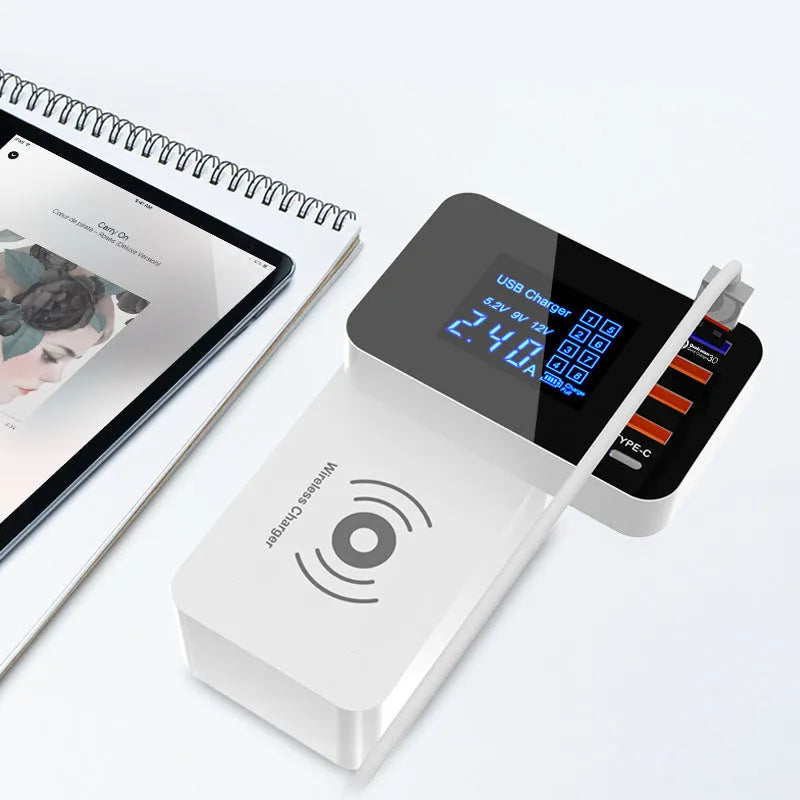 White multi USB wireless charger 10W with PC flame retardant body and EU UK US adapters