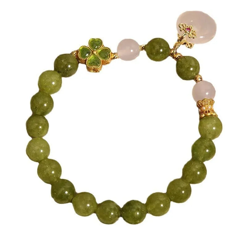Natural stone green tourmaline women's bracelet with four-leaf clover safety buckle in New Chinese style drop shape geometric design green colour