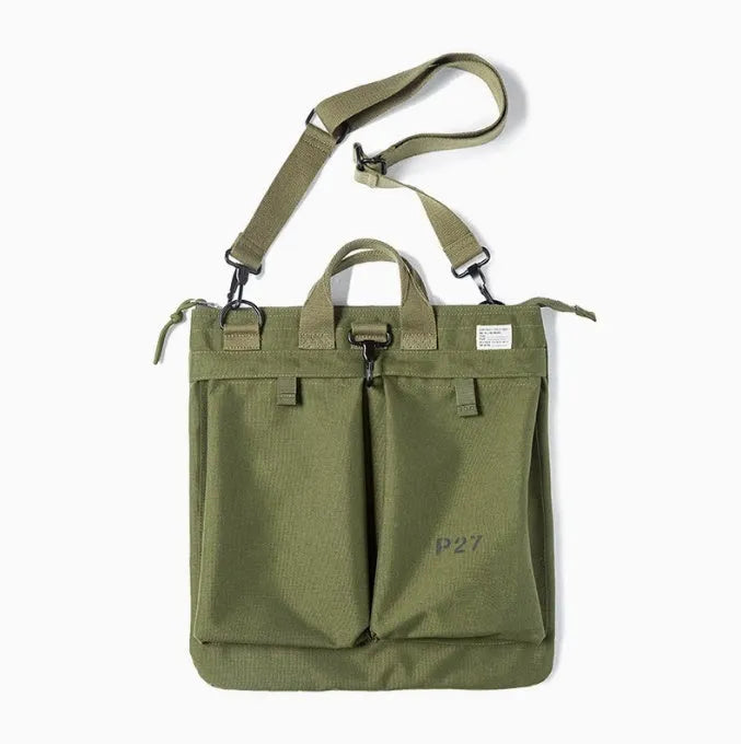 Canvas messenger bag in military green with shoulder strap and laptop compartment