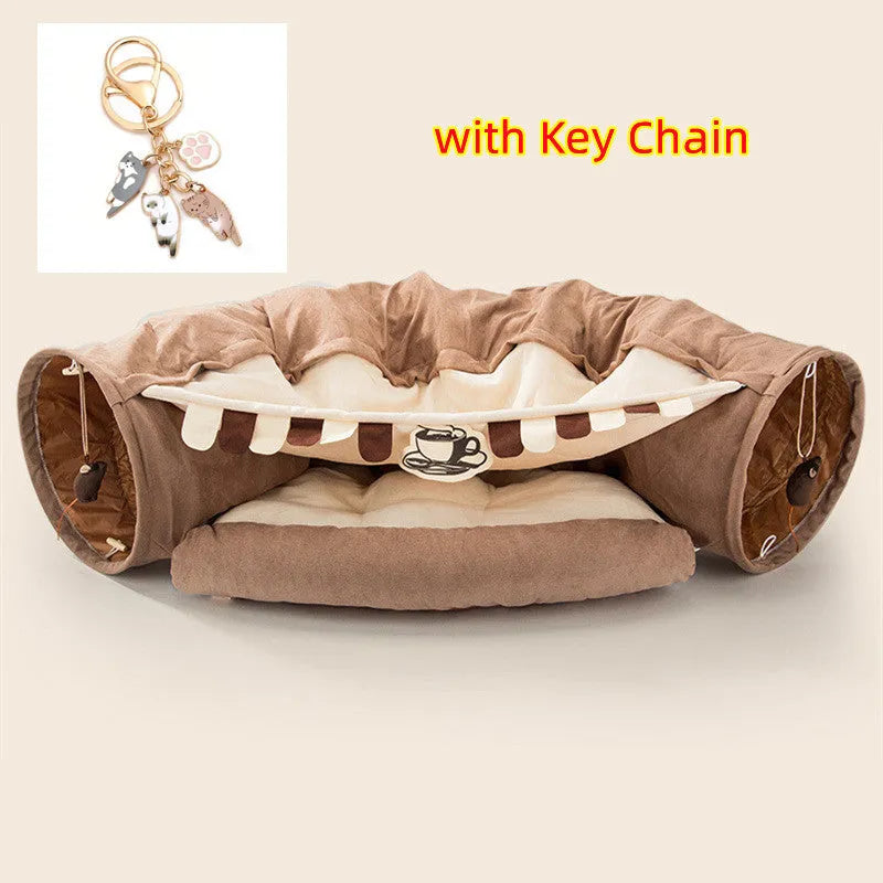 Collapsible cloth cat tunnel shown in one of four colours: Bar, Coffee, Matcha, or Pink.