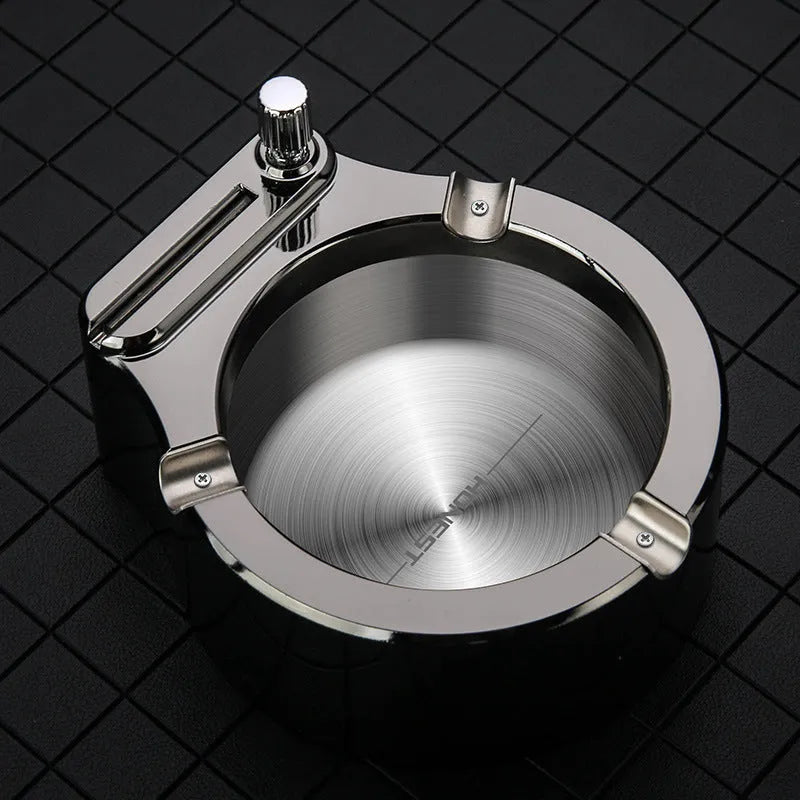 Large blue metal ashtray with permanent match lighter and three cigarette slots