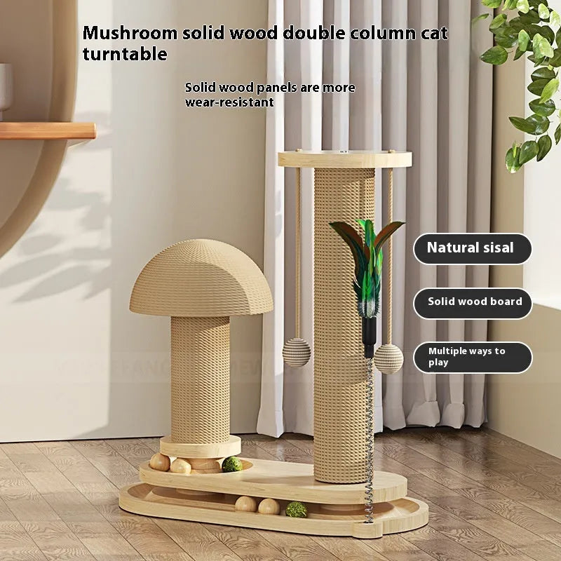 Solid wood cat scratching post with a turntable, shown in a basic style big flower variant.