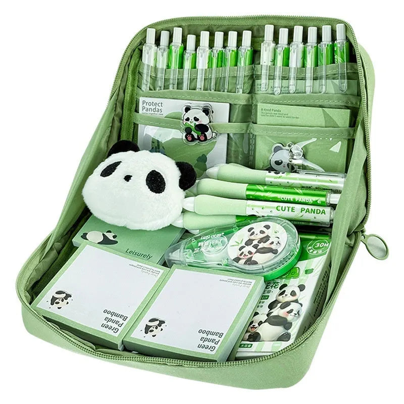 Green 12-layer canvas pencil case with panda motif and open layers showing pen storage