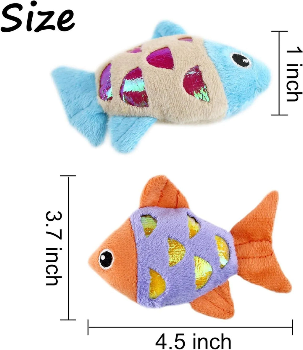 Two soft plush goldfish-shaped catnip cat toys with crinkle paper on a light background