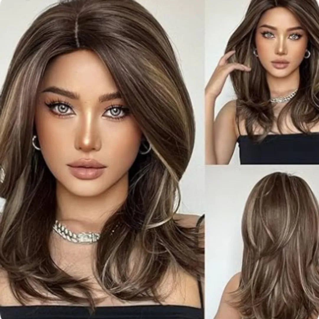 Mid-length curly synthetic wig with platinum gradient colours and bangs