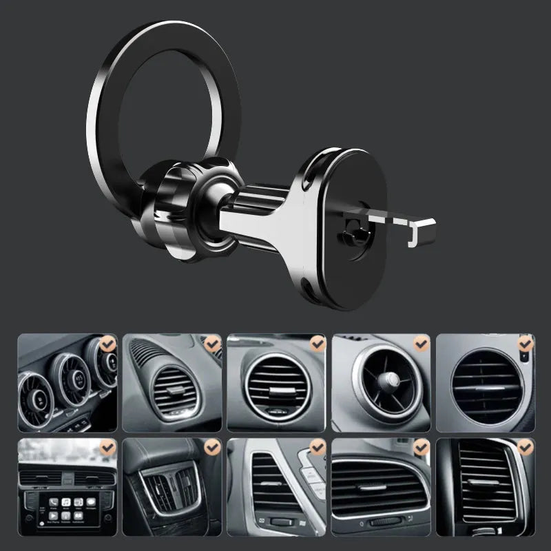 Black magnetic car air vent phone holder with O‑ring bracket for mobile phones up to 6.8 inches.