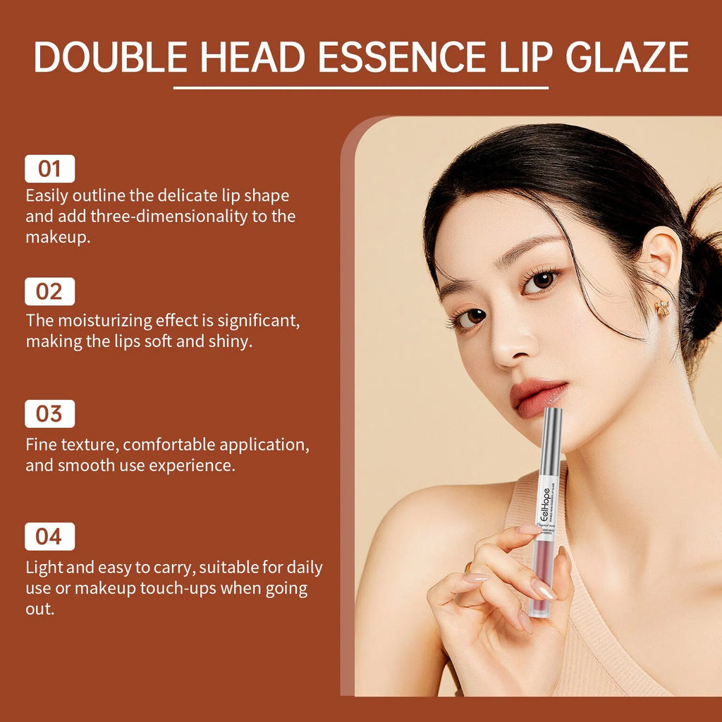 Double-headed lip liner and lip lacquer pen with two applicators in one makeup product