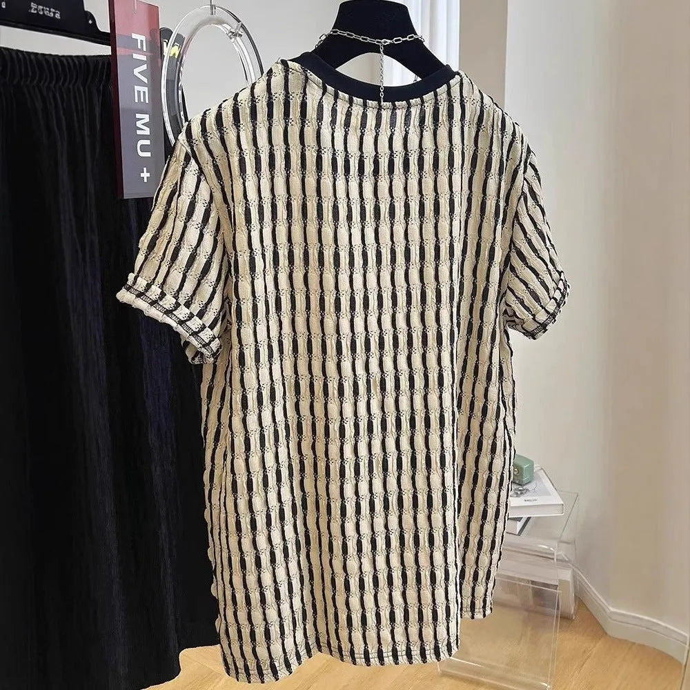 Men's black striped casual shirt with loose fit design and short sleeves in silk-linen blend fabric