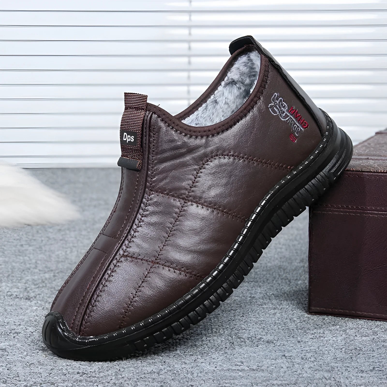 Winter men's warm velvet padded cotton boots with non-slip PU sole in D366 brown