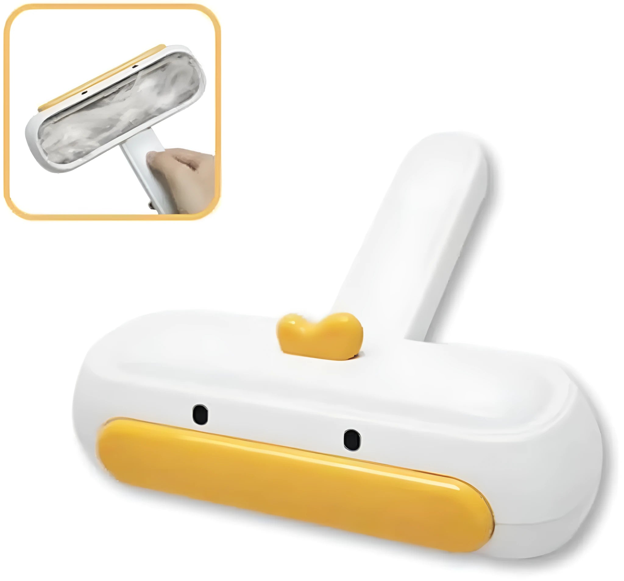 Yellow duck cartoon-style portable pet hair remover with plastic body and bristles.