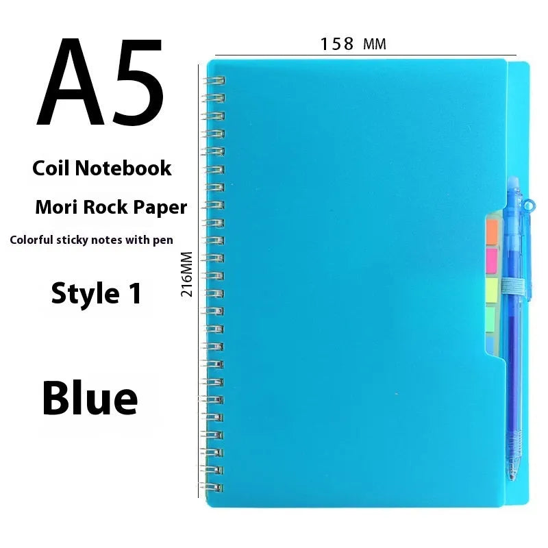A5 coil-bound erasable notebook with waterproof stone paper in a customisable cover, shown with a pen.