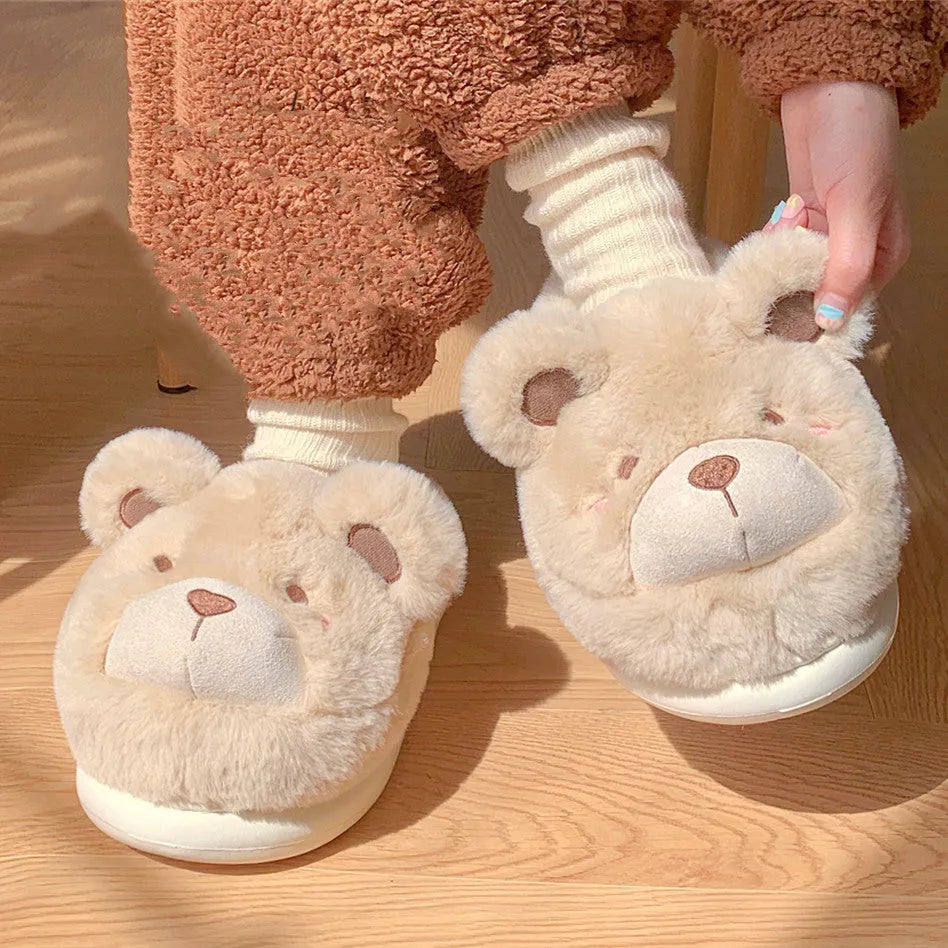Ladies suede plush slippers in khaki with round toe and cute cartoon pattern