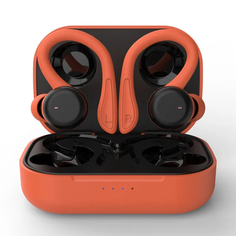 Black wireless sports earphones with removable ear hooks showing charging case and multiple earbud sizes