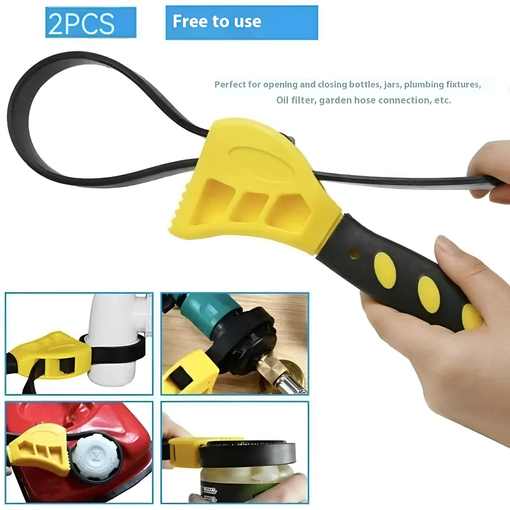 Adjustable rubber strap wrench with plastic handle, shown with 6-inch and 8-inch sizes for pipes and filters.