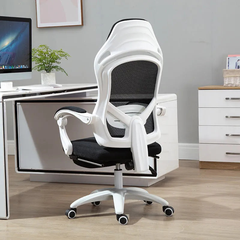 Ergonomic computer gaming chair in black with footrest and nylon wheels