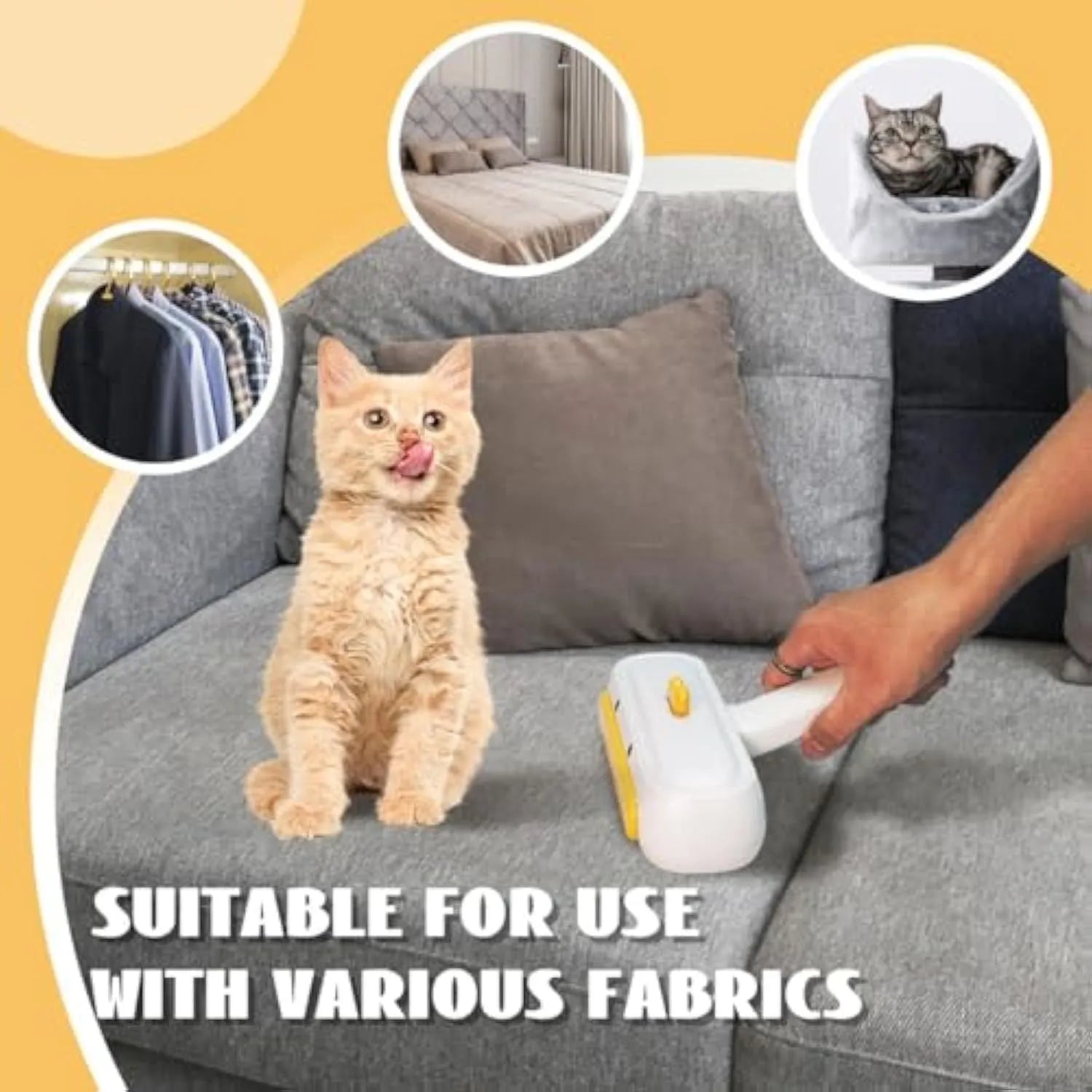 Yellow duck cartoon-style portable pet hair remover with plastic body and bristles.