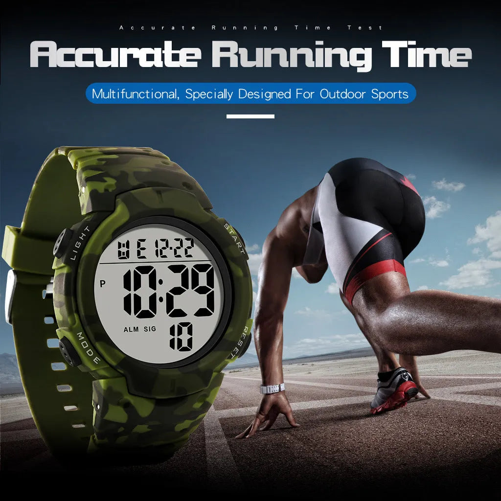 Multi functional waterproof sports electronic watch with 47.42mm dial and plastic band in black camouflage