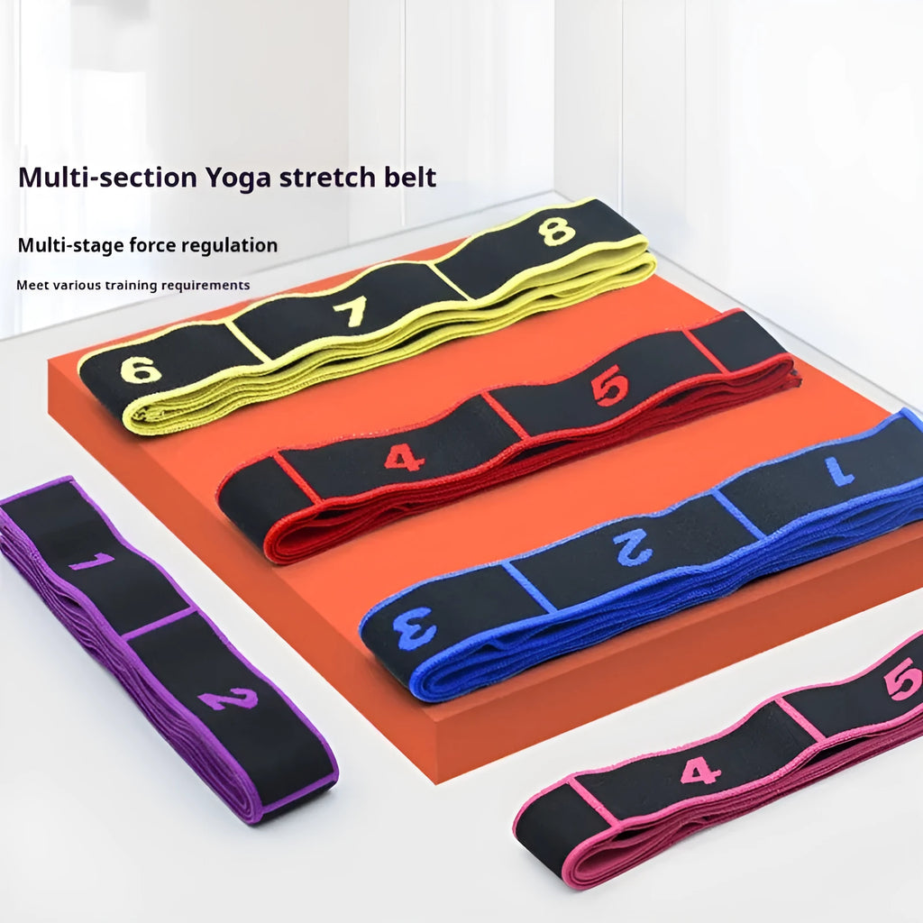 Yoga multi section stretch strap in blue, made from polyester cotton and latex yarn, on a flat surface