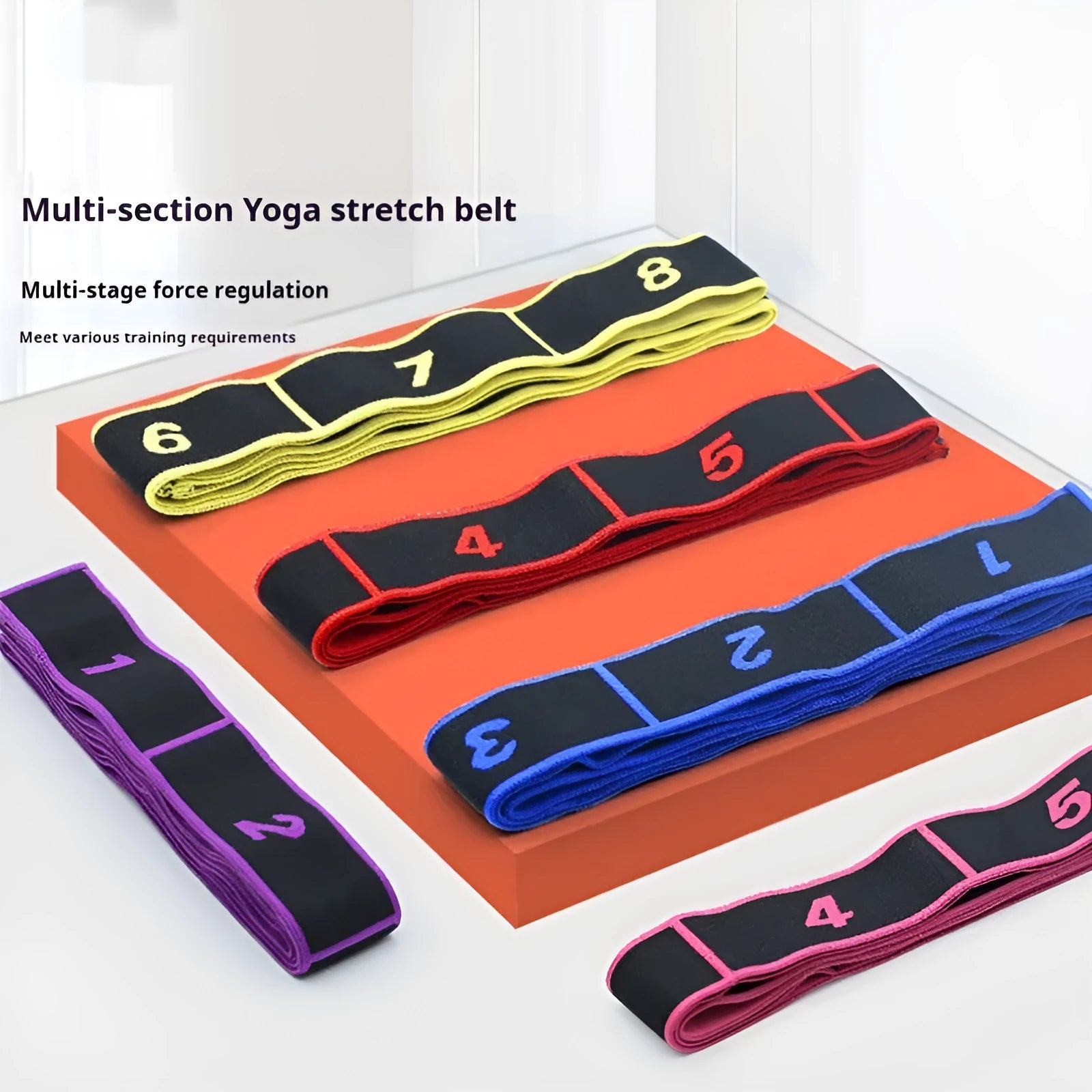 Yoga multi section stretch strap in blue, made from polyester cotton and latex yarn, on a flat surface