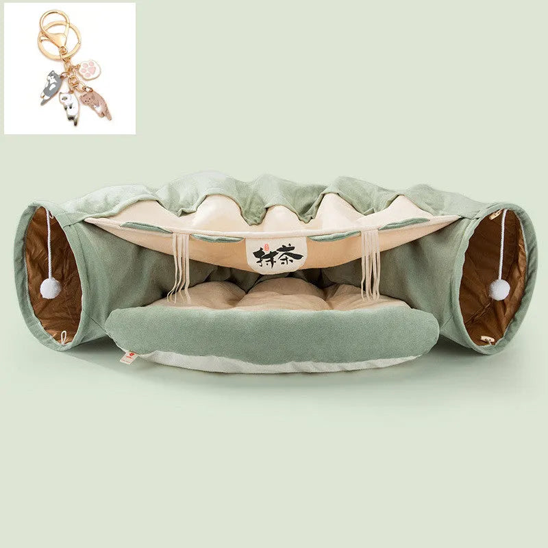 Collapsible cloth cat tunnel shown in one of four colours: Bar, Coffee, Matcha, or Pink.