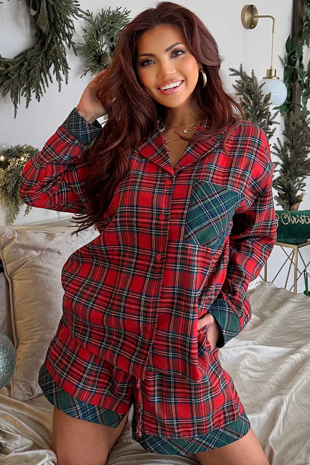 Red plaid Christmas pajama set with long sleeve shirt and matching shorts