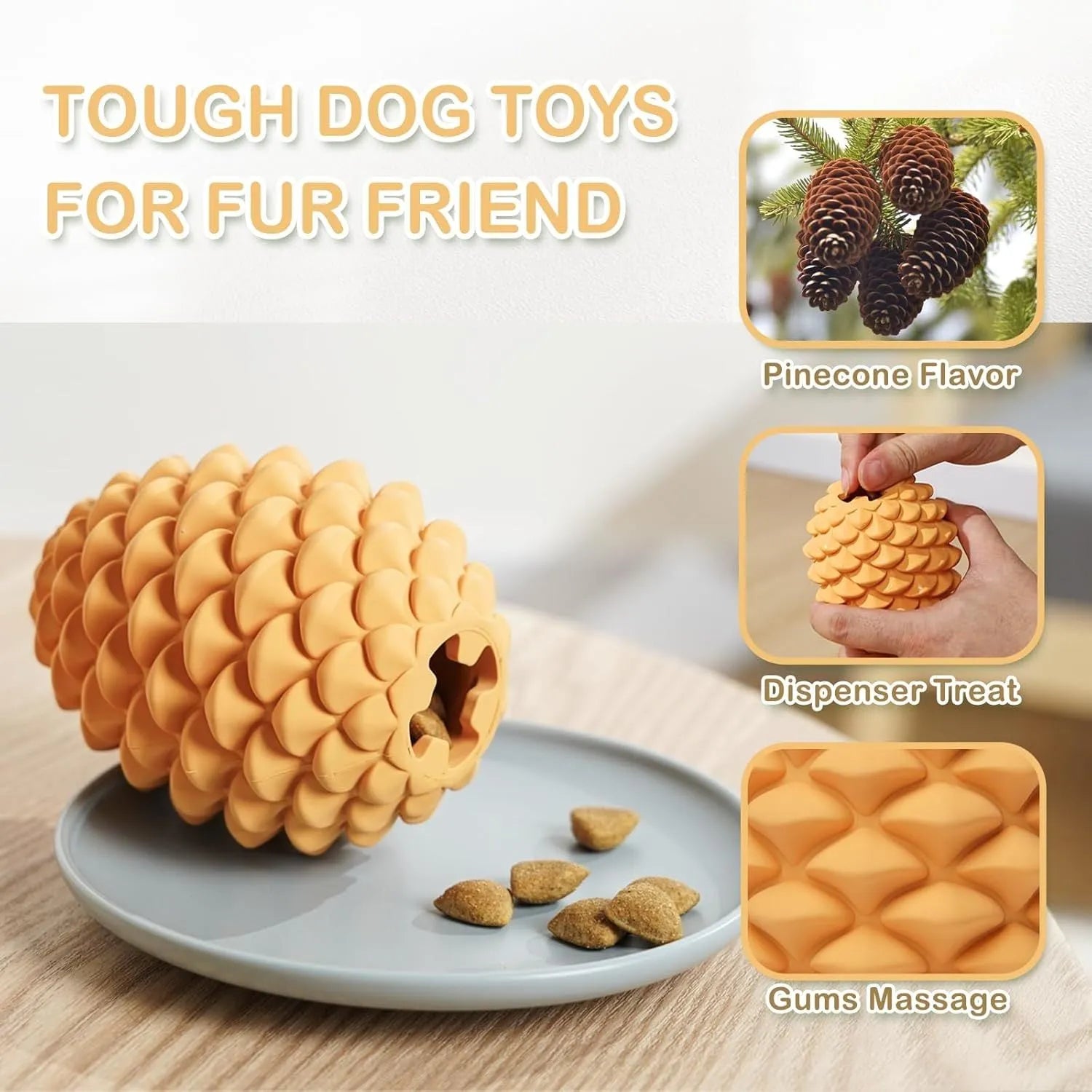 Yellow pine cone shaped dog chew toy with textured surface and treat dispensing hole