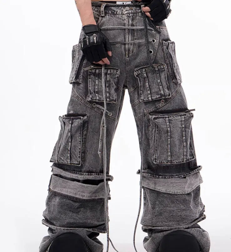 American-style distressed overalls rope stitching mop pants in grey cotton denim