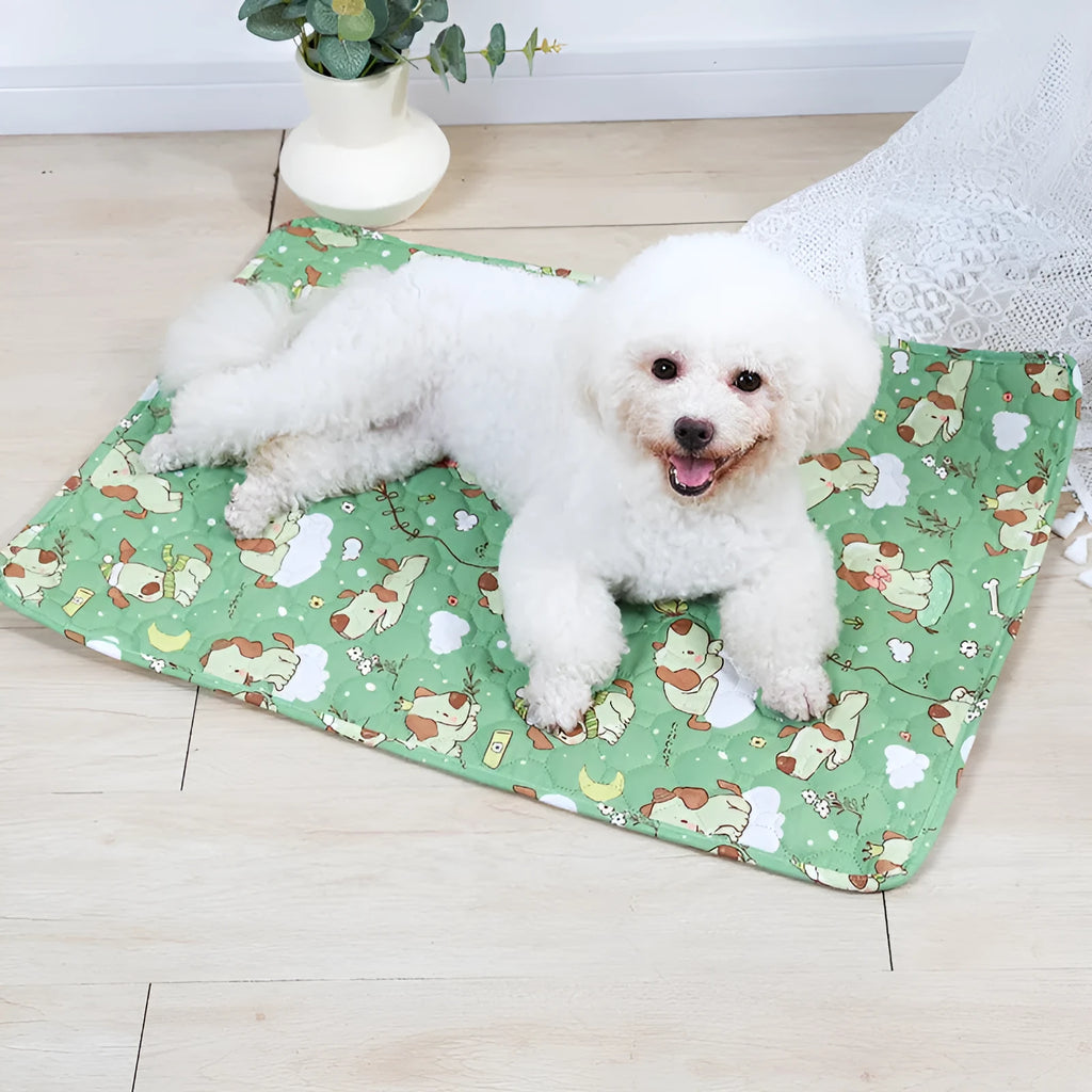 Reusable washable pet urine pad in animal world pattern showing waterproof cloth material.