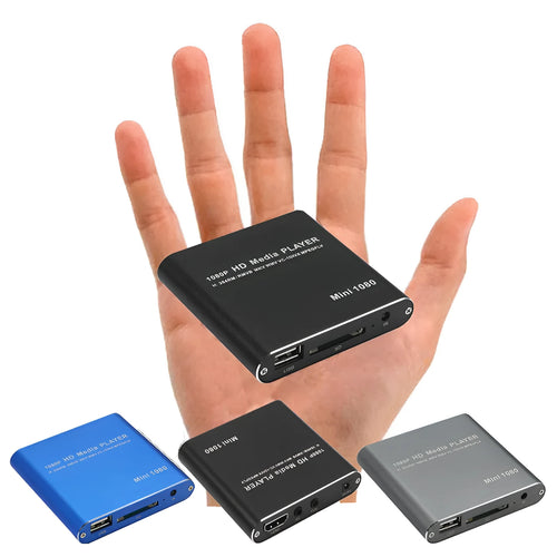 Compact blue or black all-metal 1080p Full HD media player with remote control