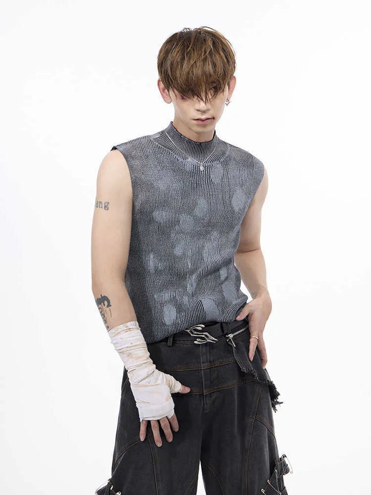 Men's silver pastebrushing wool vest sleeveless with stand collar pullover in black