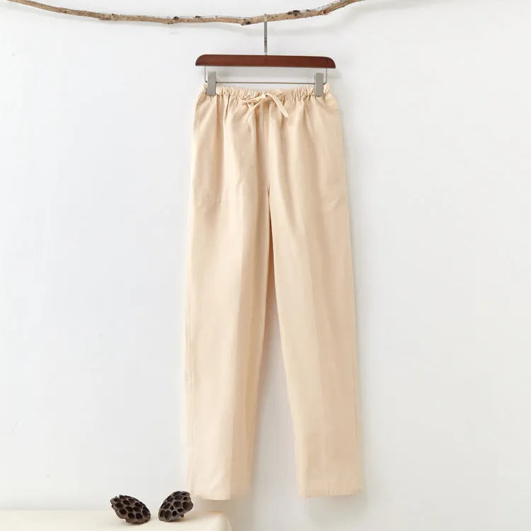 Men's solid colour pure cotton casual trousers with drawstring waist, available in multiple colours
