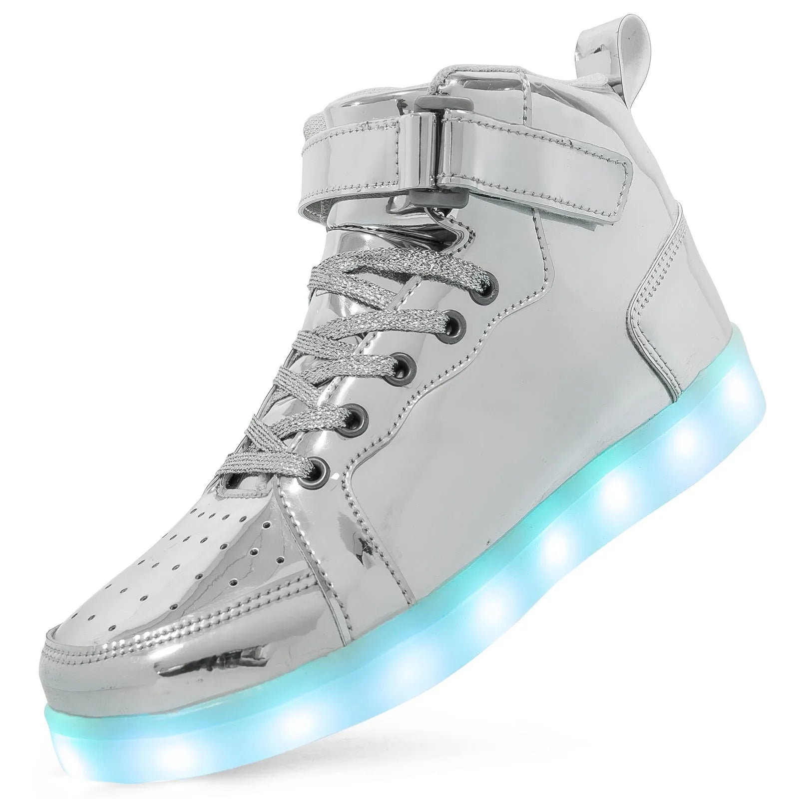 LED high-top light-up shoes in black with Velcro strap and rubber sole.