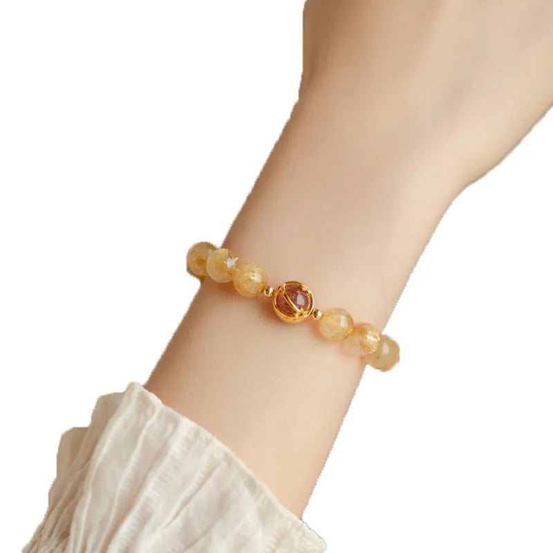 Natural gold rutilated quartz crystal bracelet with diamond cut beads, 6mm and 8mm sizes, unisex design