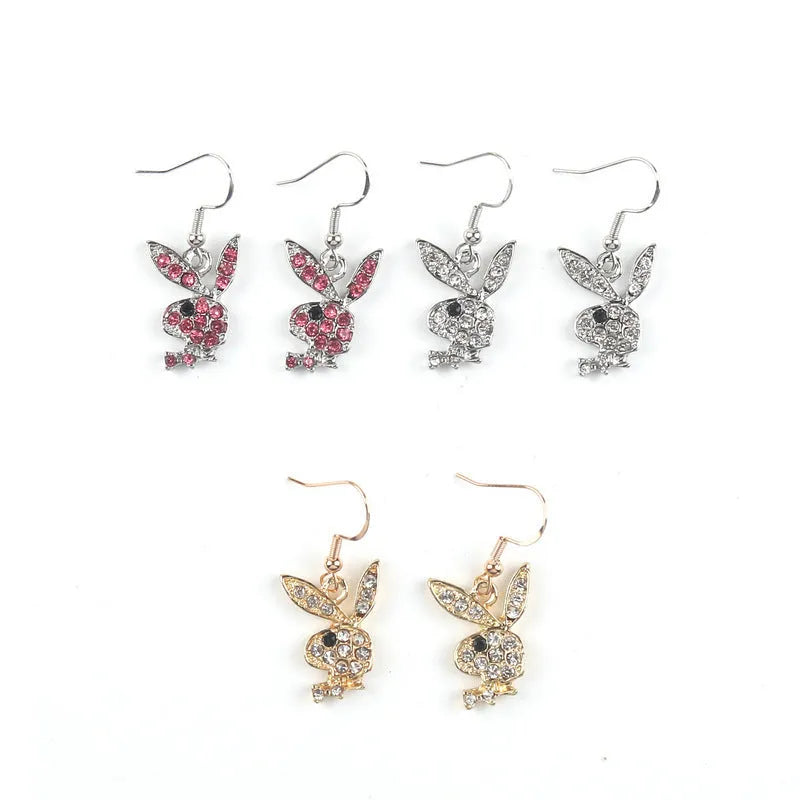 Rabbit stud earrings with full diamond design in silver, pink and gold colour options