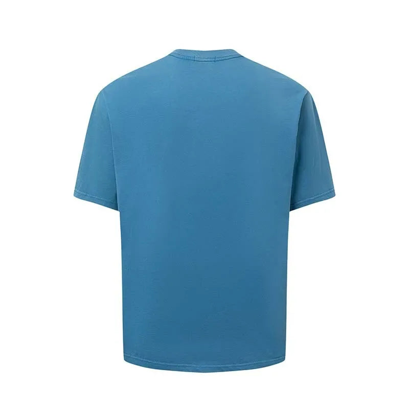 Men's blue loose fit t-shirt with large white American-style letter print on the chest.