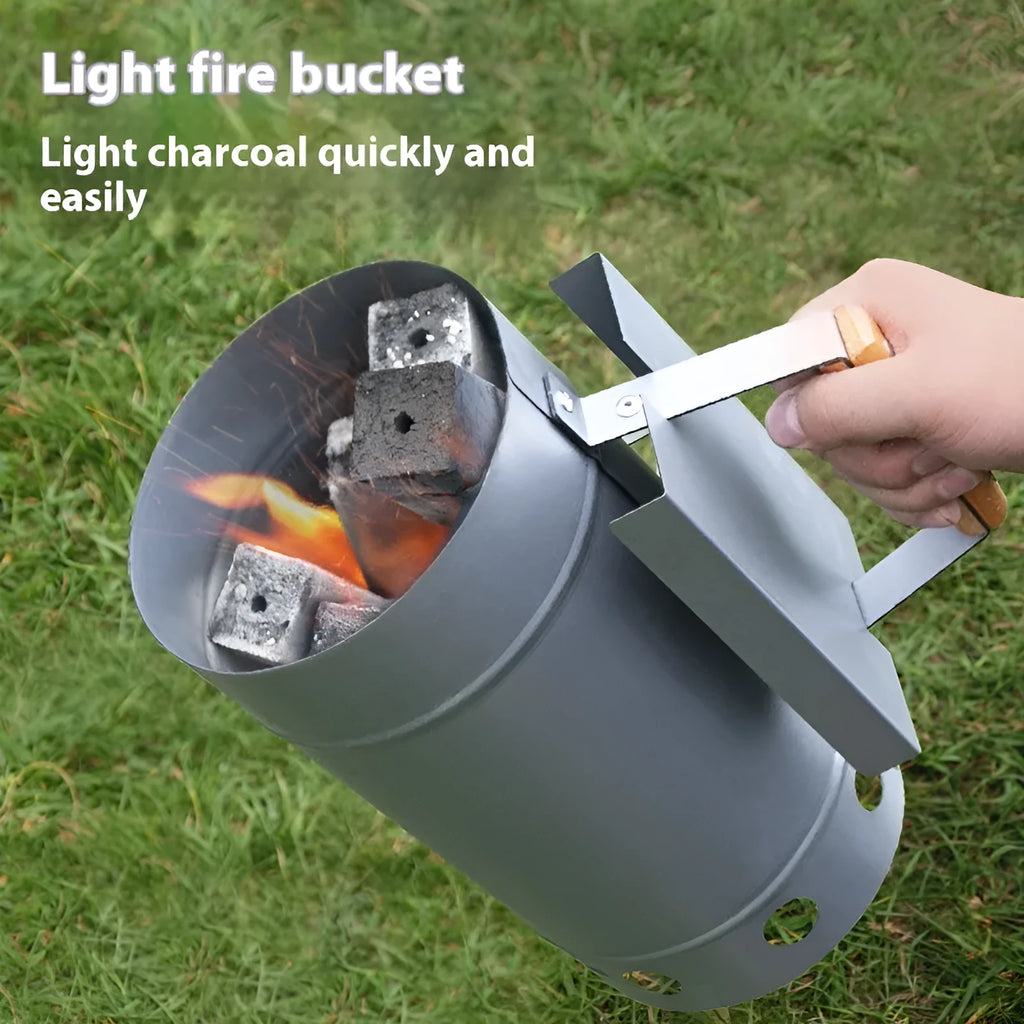Zinc-iron alloy charcoal fire igniter starter with carbon bucket design for outdoor barbecues.