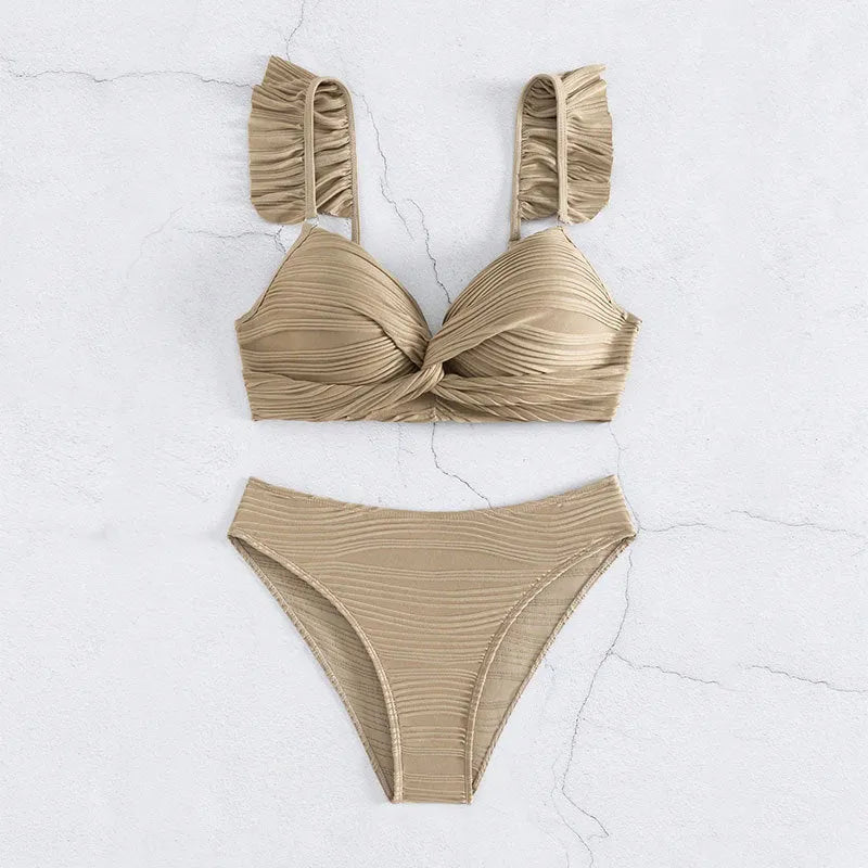 Solid colour women's polyester bikini swimsuit in black or khaki