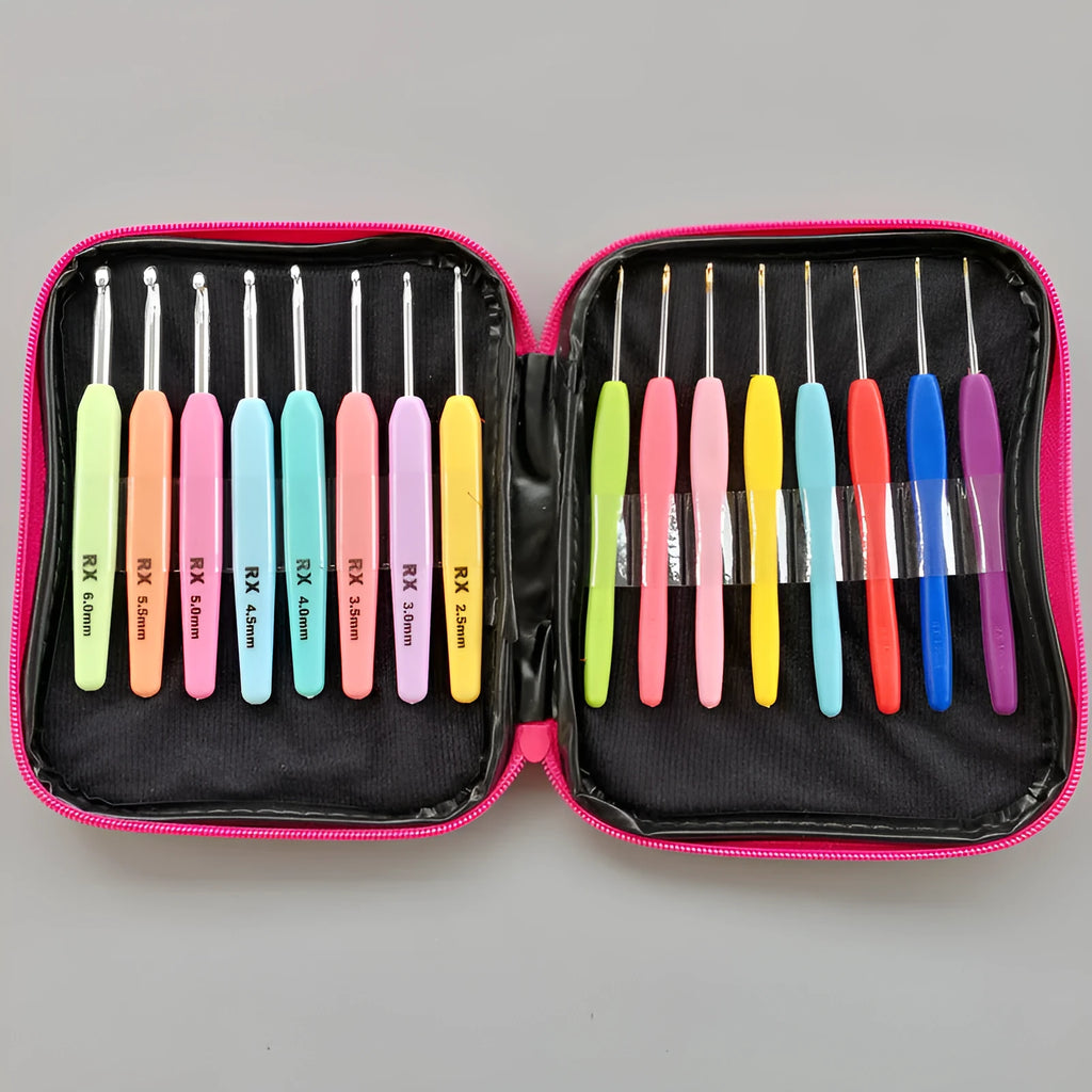 Complete set of 16 crochet hooks with thick and thin plastic handles in sizes 1.0mm to 6.0mm with PU storage bag