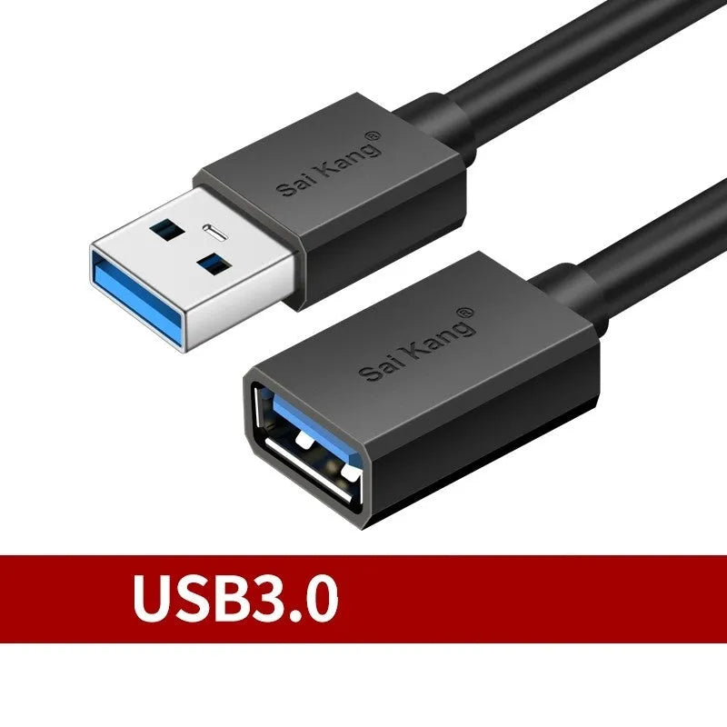 Black USB extension cable with male and female connectors, showing its length options from 1 to 5 metres.