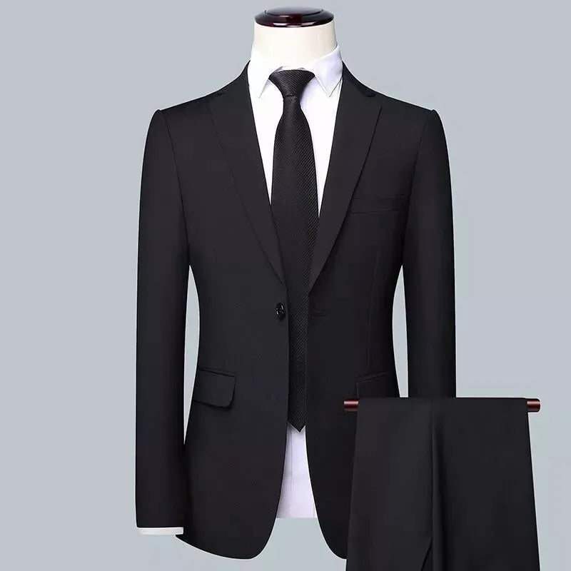Men's three-piece slim fit Korean style business suit set in black with jacket, trousers, and tie