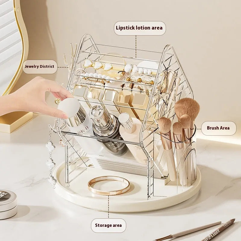 Rotating cosmetics storage box showing 360° rotation mechanism in clear and amber gold colour options