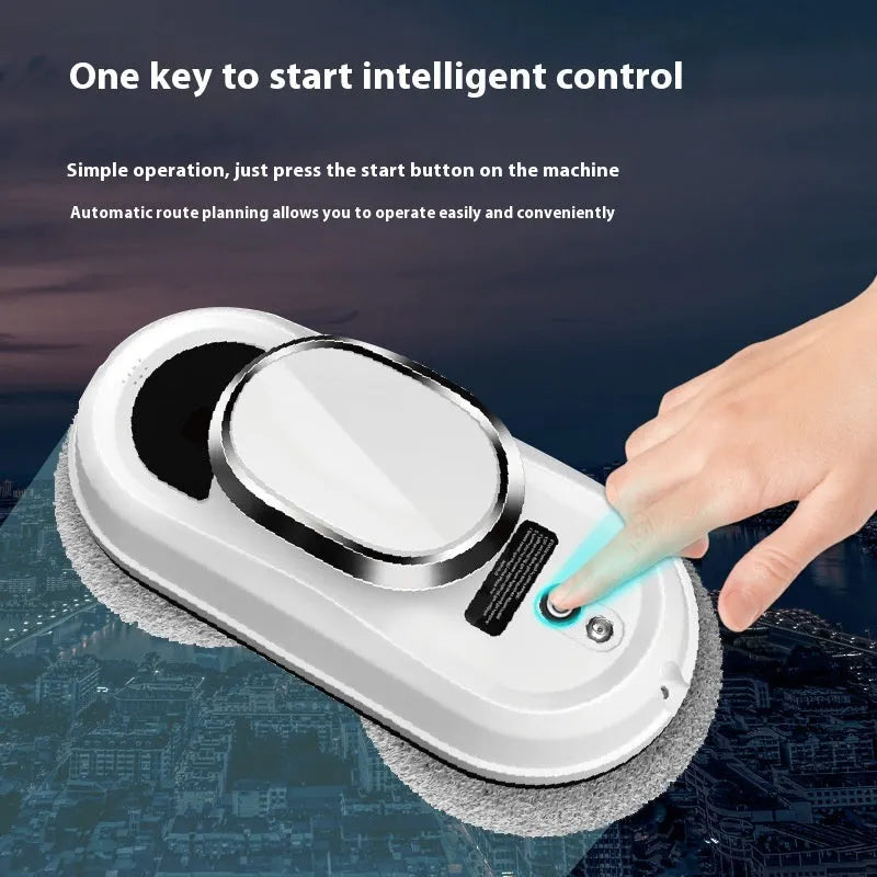 White full-automatic high-altitude cleaning machine with remote control on a window.