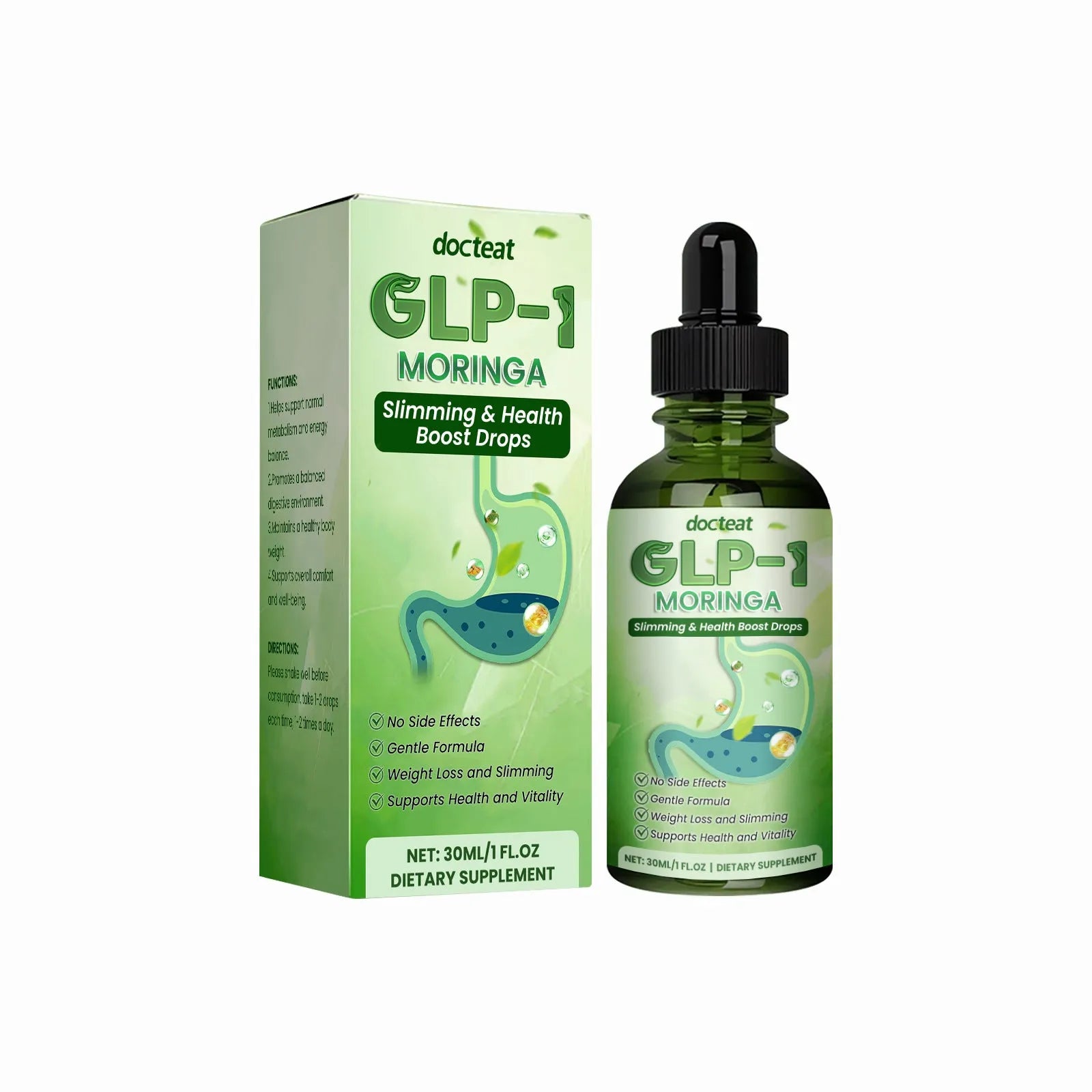 Discomfort support body supplement Vitamin B1 droplet 30ml bottle with herbal blend including mint, moringa, and curcumin